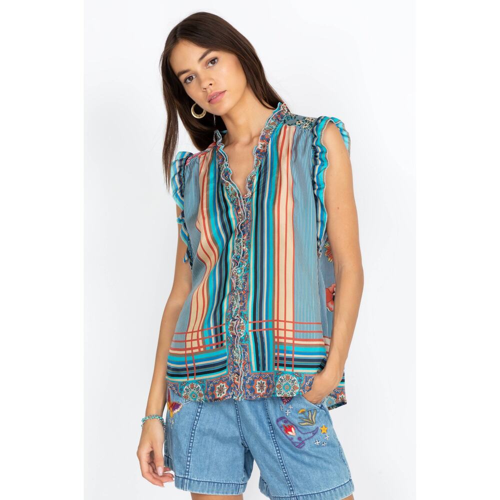 Johnny Was Ophelia Silk Striped Printed Flowy Oversized Blue Blouse Size S